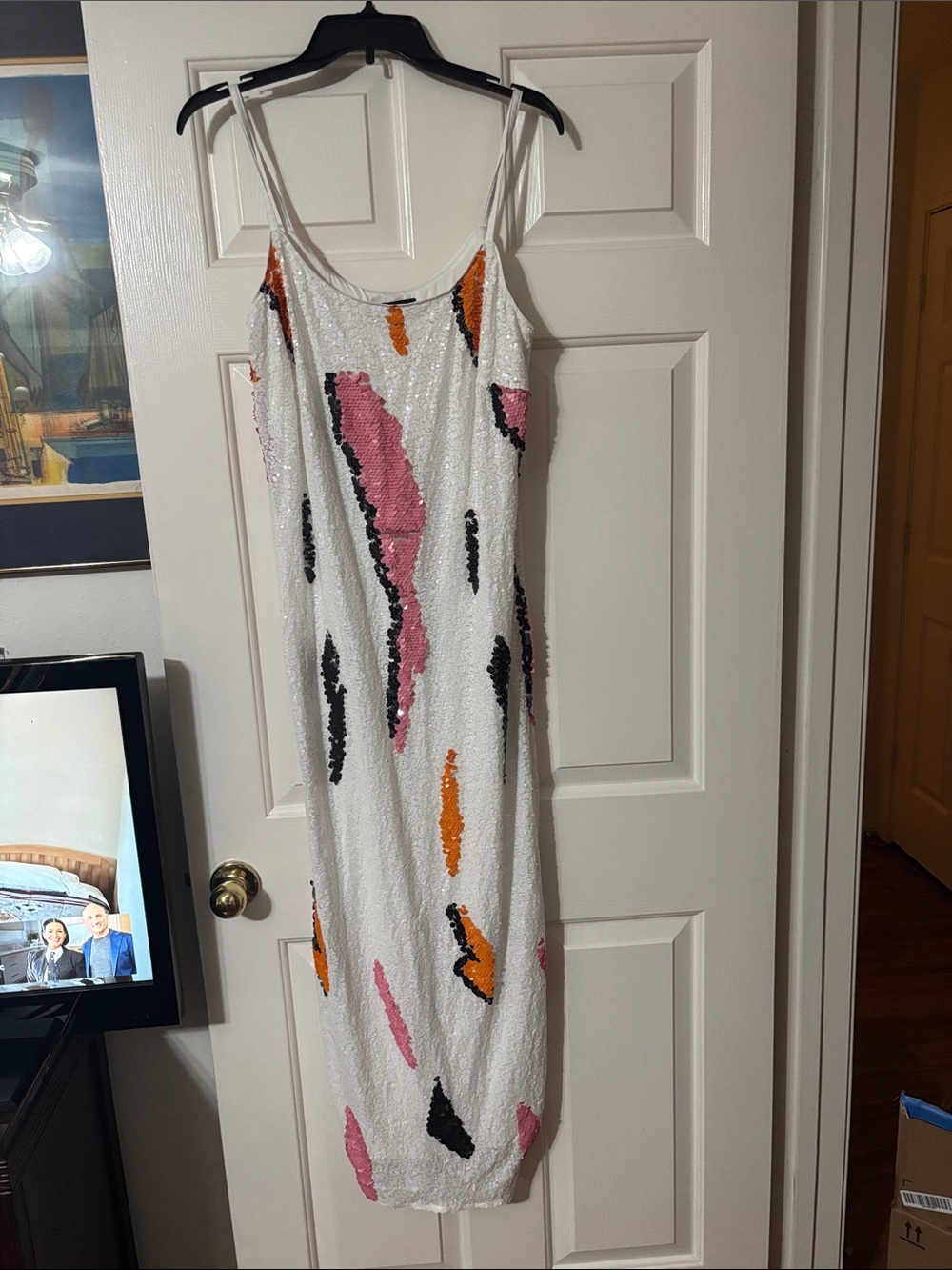 Eloquii White Sequin Slip Dress with Pink, Black and Orange Accents NWOT size 14
